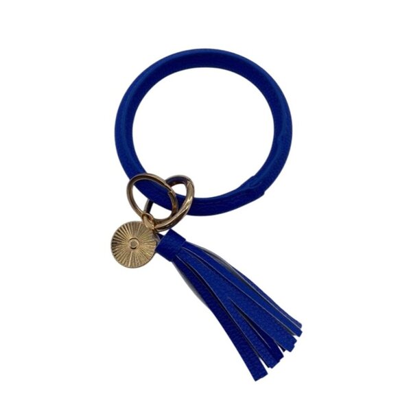 Royal Blue Leather Bangle Keychain With Tassel Gold Charm & Rings Wristlet - Picture 2 of 4
